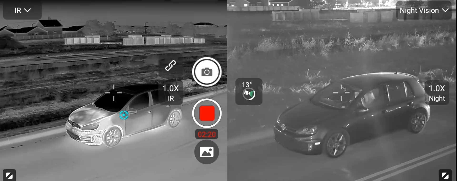Livebild des EVO Max 4N V2: links das Wärmebild eines Autos, rechts dasselbe Fahrzeug in der Nachtsicht
