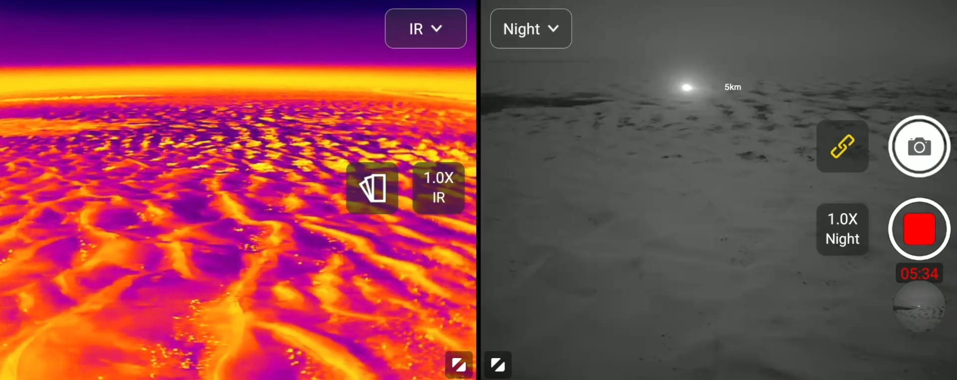 Weite Landschaft: links Wärmebild, rechts Nachtsicht mit Lichtquelle in 5 km