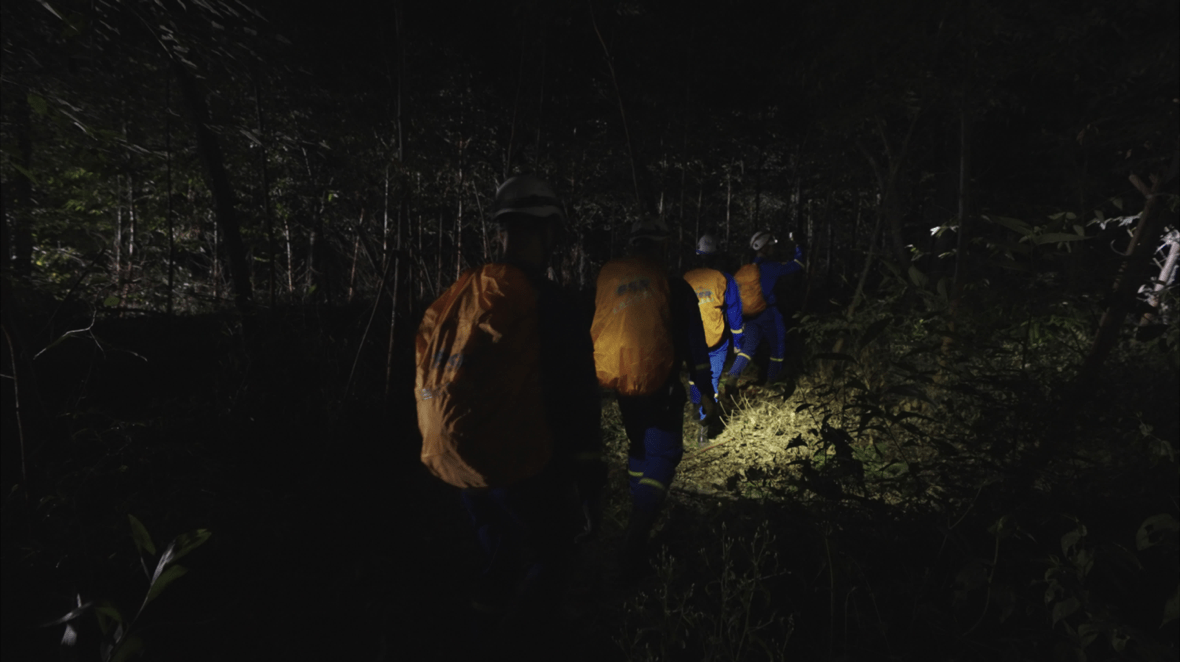 Suche im Wald bei Nacht mit ausgeleuchtetem Fundort