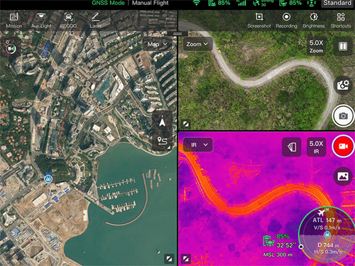 Dreifach-Ansicht in der App: Karte, Zoom-Kamera und Wärmebild
